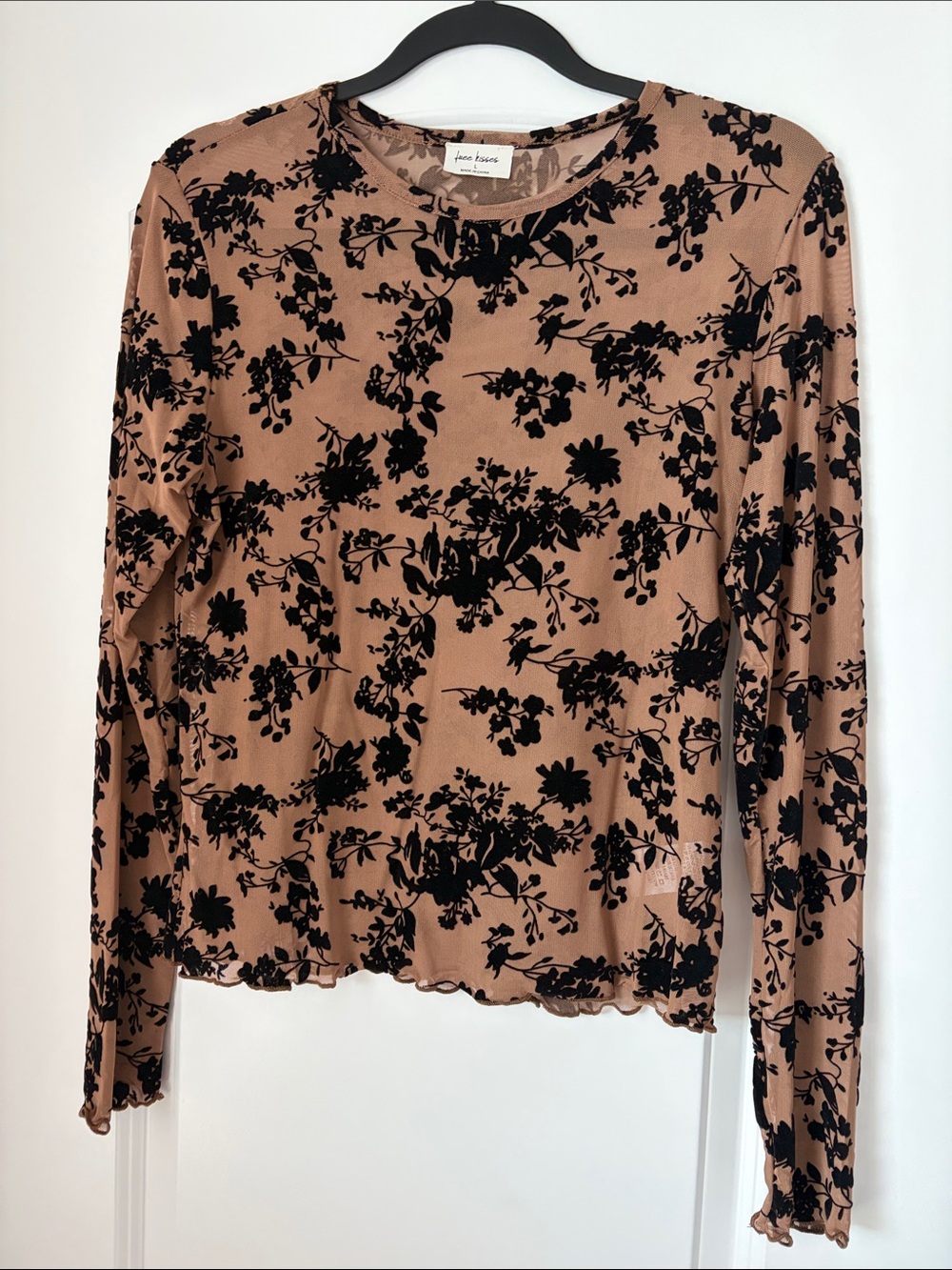 Taupe mesh long-sleeve floral velvet-print top